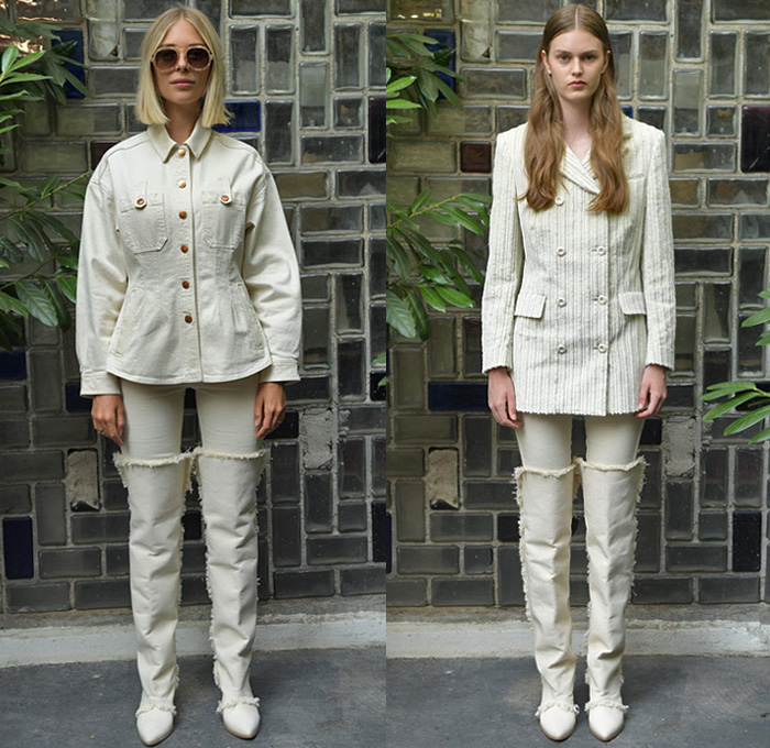 Carin Rodebjer 2019 Spring Summer Womens Lookbook Presentation - Copenhagen Fashion Week Denmark CPHFW København - Swedish Sin White Denim Jeans Shirt Blouse Corduroy Stripes Flowers Floral Leaves Foliage Plants Silk Satin Asymmetrical Handkerchief Hem Ruffles Knit Weave Fringes Sheer Chiffon Outerwear Trench Coat Cargo Pockets Tunic Kimono Wrap Lace Up Peasant Prairie Maxi Dress Miniskirt Wide Leg Palazzo Pants Rope Tie Up Waist Tassels Necklace Boots Sunglasses