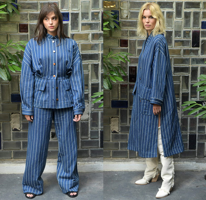 Carin Rodebjer 2019 Spring Summer Womens Lookbook Presentation - Copenhagen Fashion Week Denmark CPHFW København - Swedish Sin White Denim Jeans Shirt Blouse Corduroy Stripes Flowers Floral Leaves Foliage Plants Silk Satin Asymmetrical Handkerchief Hem Ruffles Knit Weave Fringes Sheer Chiffon Outerwear Trench Coat Cargo Pockets Tunic Kimono Wrap Lace Up Peasant Prairie Maxi Dress Miniskirt Wide Leg Palazzo Pants Rope Tie Up Waist Tassels Necklace Boots Sunglasses