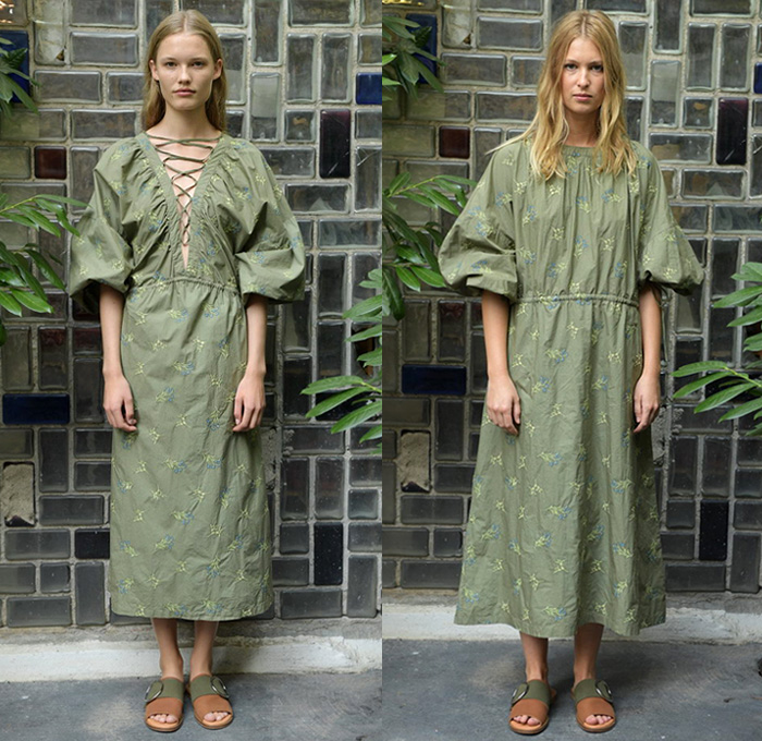 Carin Rodebjer 2019 Spring Summer Womens Lookbook Presentation - Copenhagen Fashion Week Denmark CPHFW København - Swedish Sin White Denim Jeans Shirt Blouse Corduroy Stripes Flowers Floral Leaves Foliage Plants Silk Satin Asymmetrical Handkerchief Hem Ruffles Knit Weave Fringes Sheer Chiffon Outerwear Trench Coat Cargo Pockets Tunic Kimono Wrap Lace Up Peasant Prairie Maxi Dress Miniskirt Wide Leg Palazzo Pants Rope Tie Up Waist Tassels Necklace Boots Sunglasses