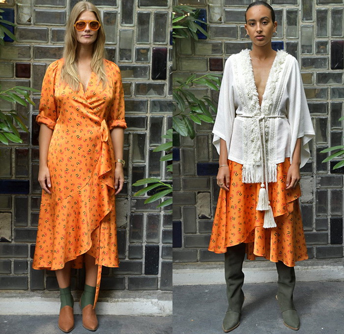 Carin Rodebjer 2019 Spring Summer Womens Lookbook Presentation - Copenhagen Fashion Week Denmark CPHFW København - Swedish Sin White Denim Jeans Shirt Blouse Corduroy Stripes Flowers Floral Leaves Foliage Plants Silk Satin Asymmetrical Handkerchief Hem Ruffles Knit Weave Fringes Sheer Chiffon Outerwear Trench Coat Cargo Pockets Tunic Kimono Wrap Lace Up Peasant Prairie Maxi Dress Miniskirt Wide Leg Palazzo Pants Rope Tie Up Waist Tassels Necklace Boots Sunglasses