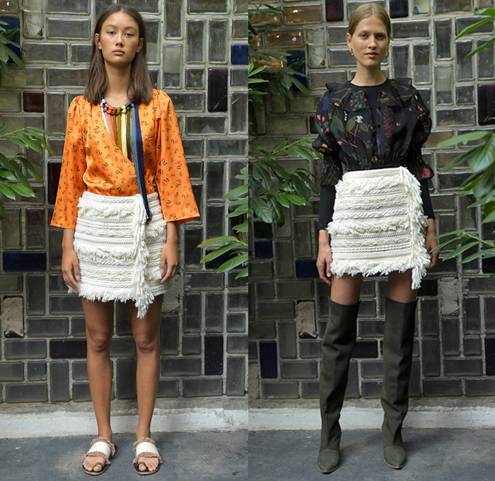 Carin Rodebjer 2019 Spring Summer Womens Lookbook Presentation - Copenhagen Fashion Week Denmark CPHFW København - Swedish Sin White Denim Jeans Shirt Blouse Corduroy Stripes Flowers Floral Leaves Foliage Plants Silk Satin Asymmetrical Handkerchief Hem Ruffles Knit Weave Fringes Sheer Chiffon Outerwear Trench Coat Cargo Pockets Tunic Kimono Wrap Lace Up Peasant Prairie Maxi Dress Miniskirt Wide Leg Palazzo Pants Rope Tie Up Waist Tassels Necklace Boots Sunglasses