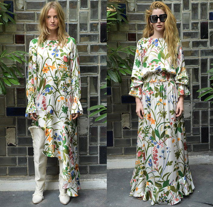 Carin Rodebjer 2019 Spring Summer Womens Lookbook Presentation - Copenhagen Fashion Week Denmark CPHFW København - Swedish Sin White Denim Jeans Shirt Blouse Corduroy Stripes Flowers Floral Leaves Foliage Plants Silk Satin Asymmetrical Handkerchief Hem Ruffles Knit Weave Fringes Sheer Chiffon Outerwear Trench Coat Cargo Pockets Tunic Kimono Wrap Lace Up Peasant Prairie Maxi Dress Miniskirt Wide Leg Palazzo Pants Rope Tie Up Waist Tassels Necklace Boots Sunglasses