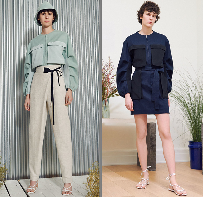 Rosetta Getty 2019 Spring Summer Womens Lookbook Presentation - New York Fashion Week NYFW - Poppy Bucket Hat Big Cargo Utility Pockets Long Sleeve Blouse Shirt Stripes Fold Over Tied Knot Coat Wide Leg Palazzo Pants Scribble Print Asymmetrical Mullet Hem Check Plaid Tweed Blazer Crepe Satin Maxi Dress Accordion Pleats Skirt Knit Crochet Swirls Fringes Turtleneck Halter Top Cutout One Shoulder Gladiator Sandals Flats