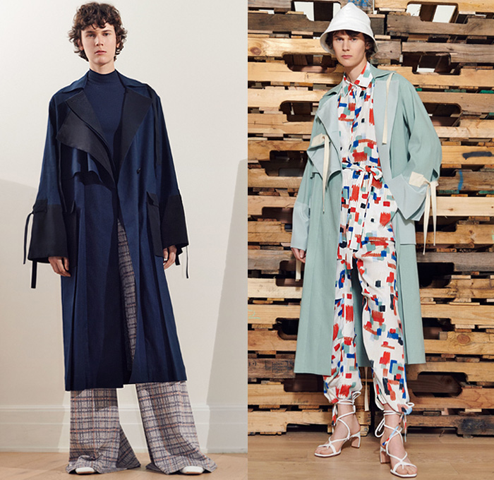 Rosetta Getty 2019 Spring Summer Womens Lookbook Presentation - New York Fashion Week NYFW - Poppy Bucket Hat Big Cargo Utility Pockets Long Sleeve Blouse Shirt Stripes Fold Over Tied Knot Coat Wide Leg Palazzo Pants Scribble Print Asymmetrical Mullet Hem Check Plaid Tweed Blazer Crepe Satin Maxi Dress Accordion Pleats Skirt Knit Crochet Swirls Fringes Turtleneck Halter Top Cutout One Shoulder Gladiator Sandals Flats