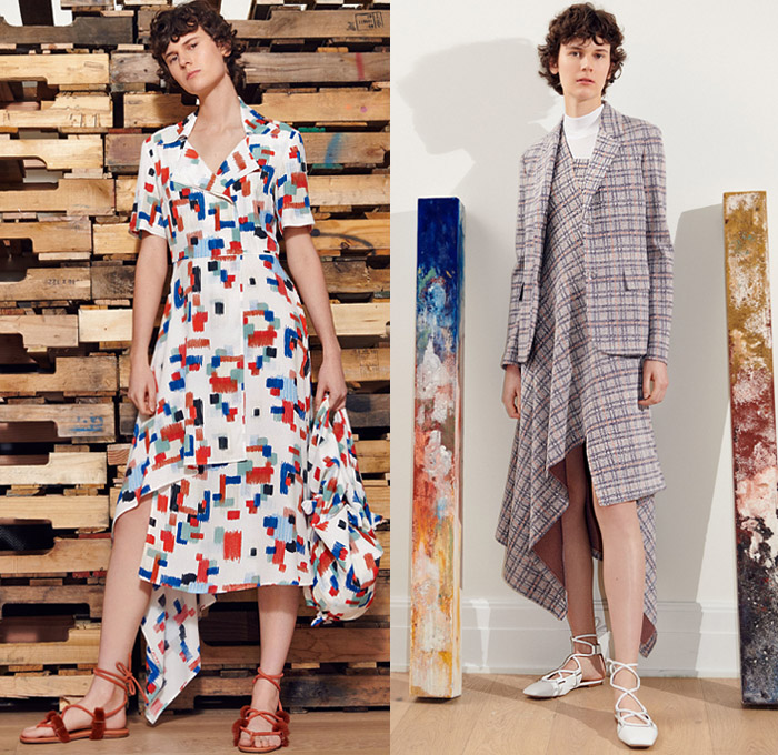 Rosetta Getty 2019 Spring Summer Womens Lookbook Presentation - New York Fashion Week NYFW - Poppy Bucket Hat Big Cargo Utility Pockets Long Sleeve Blouse Shirt Stripes Fold Over Tied Knot Coat Wide Leg Palazzo Pants Scribble Print Asymmetrical Mullet Hem Check Plaid Tweed Blazer Crepe Satin Maxi Dress Accordion Pleats Skirt Knit Crochet Swirls Fringes Turtleneck Halter Top Cutout One Shoulder Gladiator Sandals Flats