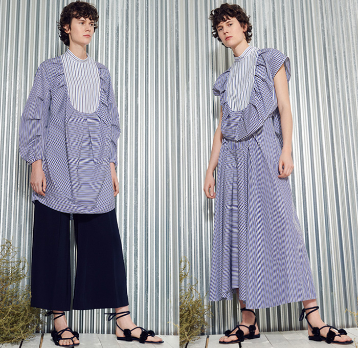 Rosetta Getty 2019 Spring Summer Womens Lookbook Presentation - New York Fashion Week NYFW - Poppy Bucket Hat Big Cargo Utility Pockets Long Sleeve Blouse Shirt Stripes Fold Over Tied Knot Coat Wide Leg Palazzo Pants Scribble Print Asymmetrical Mullet Hem Check Plaid Tweed Blazer Crepe Satin Maxi Dress Accordion Pleats Skirt Knit Crochet Swirls Fringes Turtleneck Halter Top Cutout One Shoulder Gladiator Sandals Flats