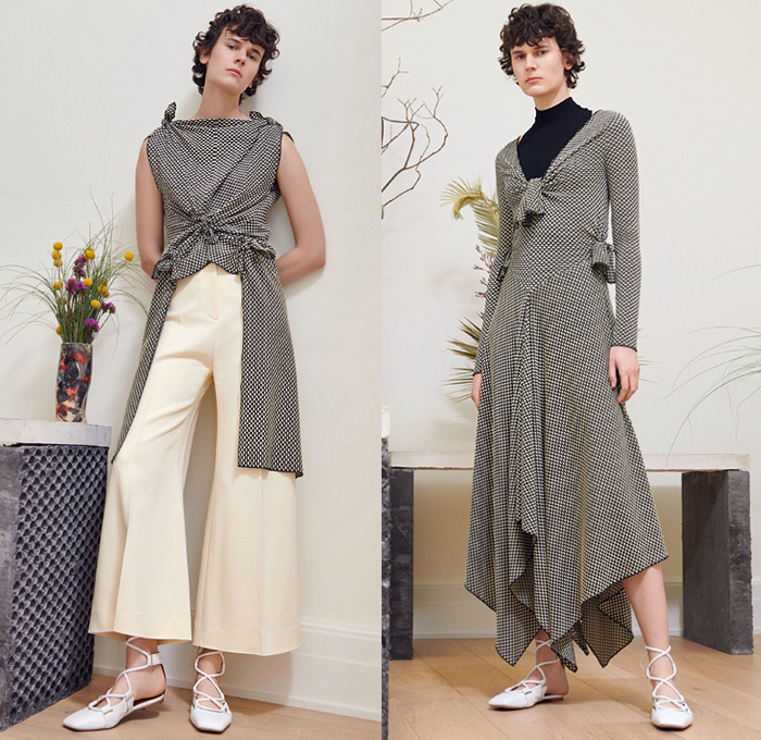 Rosetta Getty 2019 Spring Summer Womens Lookbook Presentation - New York Fashion Week NYFW - Poppy Bucket Hat Big Cargo Utility Pockets Long Sleeve Blouse Shirt Stripes Fold Over Tied Knot Coat Wide Leg Palazzo Pants Scribble Print Asymmetrical Mullet Hem Check Plaid Tweed Blazer Crepe Satin Maxi Dress Accordion Pleats Skirt Knit Crochet Swirls Fringes Turtleneck Halter Top Cutout One Shoulder Gladiator Sandals Flats