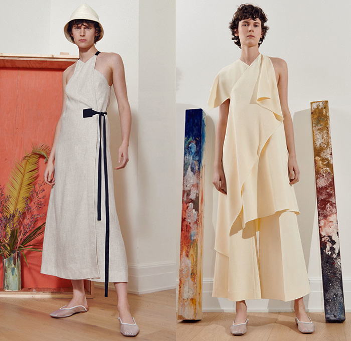 Rosetta Getty 2019 Spring Summer Womens Lookbook Presentation - New York Fashion Week NYFW - Poppy Bucket Hat Big Cargo Utility Pockets Long Sleeve Blouse Shirt Stripes Fold Over Tied Knot Coat Wide Leg Palazzo Pants Scribble Print Asymmetrical Mullet Hem Check Plaid Tweed Blazer Crepe Satin Maxi Dress Accordion Pleats Skirt Knit Crochet Swirls Fringes Turtleneck Halter Top Cutout One Shoulder Gladiator Sandals Flats