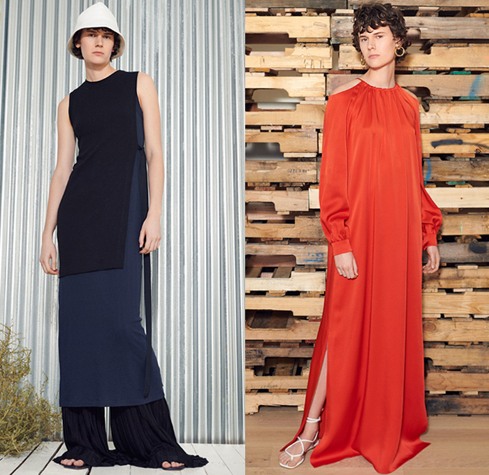 Rosetta Getty 2019 Spring Summer Womens Lookbook Presentation - New York Fashion Week NYFW - Poppy Bucket Hat Big Cargo Utility Pockets Long Sleeve Blouse Shirt Stripes Fold Over Tied Knot Coat Wide Leg Palazzo Pants Scribble Print Asymmetrical Mullet Hem Check Plaid Tweed Blazer Crepe Satin Maxi Dress Accordion Pleats Skirt Knit Crochet Swirls Fringes Turtleneck Halter Top Cutout One Shoulder Gladiator Sandals Flats