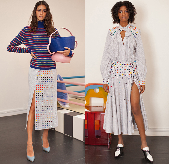 Rosie Assoulin 2019 Spring Summer Womens Lookbook Presentation - Watercolor Embroidery Bedazzled Cabochon Pinstripe Tie Up Waist Plaid Check Brocade Jacquard Silk Satin Lace Cutwork Flowers Floral Zebra Stripes Beads Mesh Tweed Patchwork Turtleneck Knit Sweater Blouse Cutout Waist Sleeveless Noodle Strap Pantsuit Halterneck Strapless Maxi Dress Midi Skirt Wide Leg Eveningwear Gown Shorts Shirtdress Mullet Hem Pot Vase Bag Fanny Pack Waist Pouch Bum Bag Ankle Boots Pumps Mules Opera Gloves