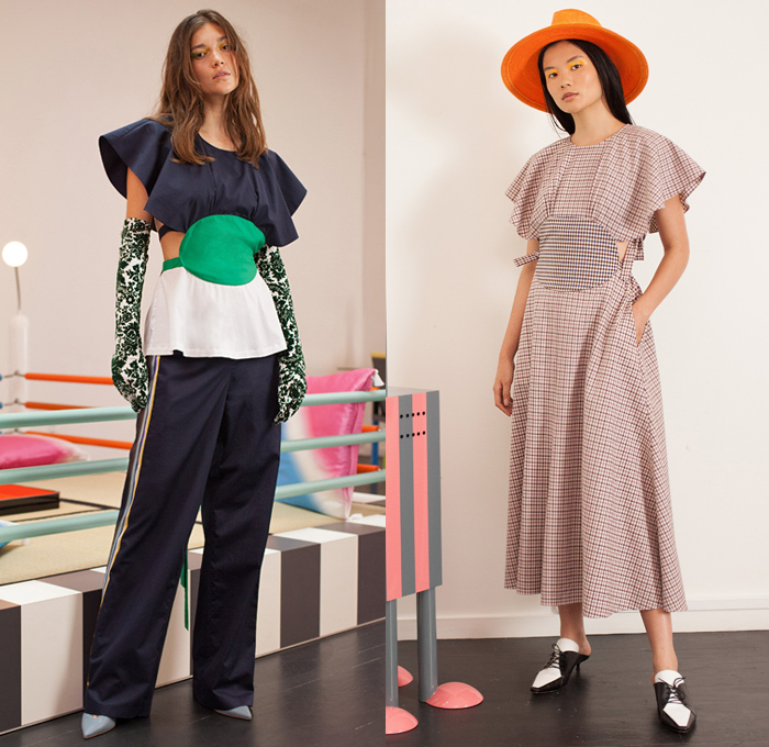 Rosie Assoulin 2019 Spring Summer Womens Lookbook Presentation - Watercolor Embroidery Bedazzled Cabochon Pinstripe Tie Up Waist Plaid Check Brocade Jacquard Silk Satin Lace Cutwork Flowers Floral Zebra Stripes Beads Mesh Tweed Patchwork Turtleneck Knit Sweater Blouse Cutout Waist Sleeveless Noodle Strap Pantsuit Halterneck Strapless Maxi Dress Midi Skirt Wide Leg Eveningwear Gown Shorts Shirtdress Mullet Hem Pot Vase Bag Fanny Pack Waist Pouch Bum Bag Ankle Boots Pumps Mules Opera Gloves