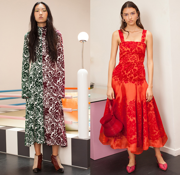 Rosie Assoulin 2019 Spring Summer Womens Lookbook Presentation - Watercolor Embroidery Bedazzled Cabochon Pinstripe Tie Up Waist Plaid Check Brocade Jacquard Silk Satin Lace Cutwork Flowers Floral Zebra Stripes Beads Mesh Tweed Patchwork Turtleneck Knit Sweater Blouse Cutout Waist Sleeveless Noodle Strap Pantsuit Halterneck Strapless Maxi Dress Midi Skirt Wide Leg Eveningwear Gown Shorts Shirtdress Mullet Hem Pot Vase Bag Fanny Pack Waist Pouch Bum Bag Ankle Boots Pumps Mules Opera Gloves