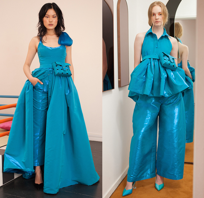 Rosie Assoulin 2019 Spring Summer Womens Lookbook Presentation - Watercolor Embroidery Bedazzled Cabochon Pinstripe Tie Up Waist Plaid Check Brocade Jacquard Silk Satin Lace Cutwork Flowers Floral Zebra Stripes Beads Mesh Tweed Patchwork Turtleneck Knit Sweater Blouse Cutout Waist Sleeveless Noodle Strap Pantsuit Halterneck Strapless Maxi Dress Midi Skirt Wide Leg Eveningwear Gown Shorts Shirtdress Mullet Hem Pot Vase Bag Fanny Pack Waist Pouch Bum Bag Ankle Boots Pumps Mules Opera Gloves