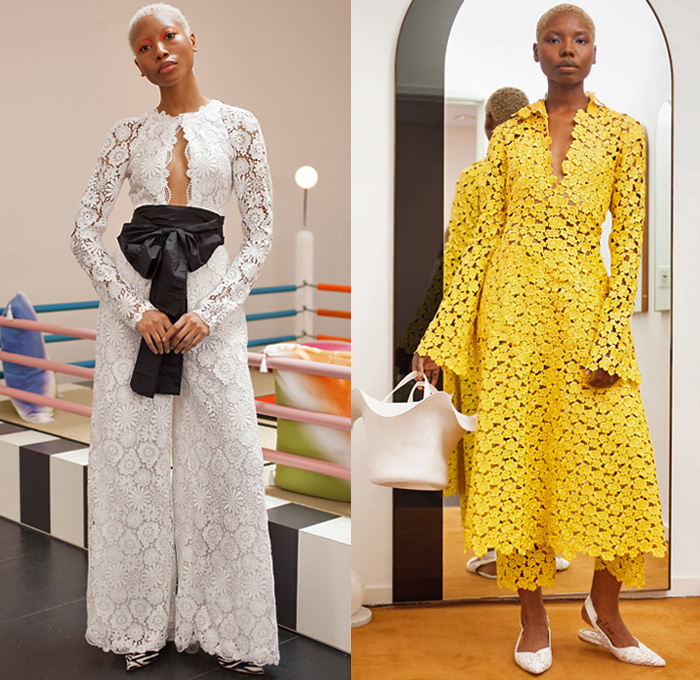 Rosie Assoulin 2019 Spring Summer Womens Lookbook Presentation - Watercolor Embroidery Bedazzled Cabochon Pinstripe Tie Up Waist Plaid Check Brocade Jacquard Silk Satin Lace Cutwork Flowers Floral Zebra Stripes Beads Mesh Tweed Patchwork Turtleneck Knit Sweater Blouse Cutout Waist Sleeveless Noodle Strap Pantsuit Halterneck Strapless Maxi Dress Midi Skirt Wide Leg Eveningwear Gown Shorts Shirtdress Mullet Hem Pot Vase Bag Fanny Pack Waist Pouch Bum Bag Ankle Boots Pumps Mules Opera Gloves