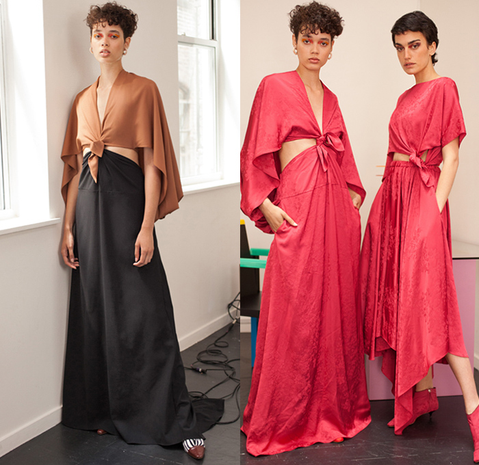 Rosie Assoulin 2019 Spring Summer Womens Lookbook Presentation - Watercolor Embroidery Bedazzled Cabochon Pinstripe Tie Up Waist Plaid Check Brocade Jacquard Silk Satin Lace Cutwork Flowers Floral Zebra Stripes Beads Mesh Tweed Patchwork Turtleneck Knit Sweater Blouse Cutout Waist Sleeveless Noodle Strap Pantsuit Halterneck Strapless Maxi Dress Midi Skirt Wide Leg Eveningwear Gown Shorts Shirtdress Mullet Hem Pot Vase Bag Fanny Pack Waist Pouch Bum Bag Ankle Boots Pumps Mules Opera Gloves