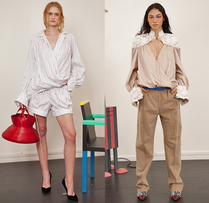 Rosie Assoulin 2019 Spring Summer Womens Lookbook Presentation - Watercolor Embroidery Bedazzled Cabochon Pinstripe Tie Up Waist Plaid Check Brocade Jacquard Silk Satin Lace Cutwork Flowers Floral Zebra Stripes Beads Mesh Tweed Patchwork Turtleneck Knit Sweater Blouse Cutout Waist Sleeveless Noodle Strap Pantsuit Halterneck Strapless Maxi Dress Midi Skirt Wide Leg Eveningwear Gown Shorts Shirtdress Mullet Hem Pot Vase Bag Fanny Pack Waist Pouch Bum Bag Ankle Boots Pumps Mules Opera Gloves