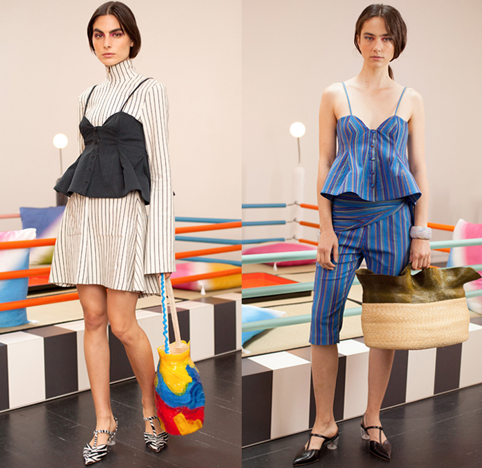 Rosie Assoulin 2019 Spring Summer Womens Lookbook Presentation - Watercolor Embroidery Bedazzled Cabochon Pinstripe Tie Up Waist Plaid Check Brocade Jacquard Silk Satin Lace Cutwork Flowers Floral Zebra Stripes Beads Mesh Tweed Patchwork Turtleneck Knit Sweater Blouse Cutout Waist Sleeveless Noodle Strap Pantsuit Halterneck Strapless Maxi Dress Midi Skirt Wide Leg Eveningwear Gown Shorts Shirtdress Mullet Hem Pot Vase Bag Fanny Pack Waist Pouch Bum Bag Ankle Boots Pumps Mules Opera Gloves