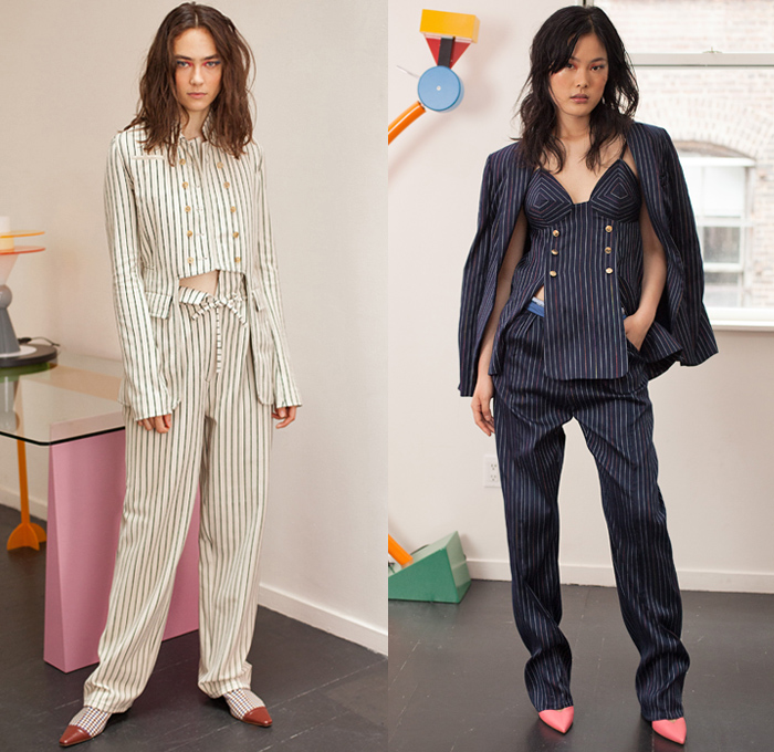 Rosie Assoulin 2019 Spring Summer Womens Lookbook Presentation - Watercolor Embroidery Bedazzled Cabochon Pinstripe Tie Up Waist Plaid Check Brocade Jacquard Silk Satin Lace Cutwork Flowers Floral Zebra Stripes Beads Mesh Tweed Patchwork Turtleneck Knit Sweater Blouse Cutout Waist Sleeveless Noodle Strap Pantsuit Halterneck Strapless Maxi Dress Midi Skirt Wide Leg Eveningwear Gown Shorts Shirtdress Mullet Hem Pot Vase Bag Fanny Pack Waist Pouch Bum Bag Ankle Boots Pumps Mules Opera Gloves