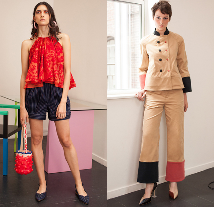 Rosie Assoulin 2019 Spring Summer Womens Lookbook Presentation - Watercolor Embroidery Bedazzled Cabochon Pinstripe Tie Up Waist Plaid Check Brocade Jacquard Silk Satin Lace Cutwork Flowers Floral Zebra Stripes Beads Mesh Tweed Patchwork Turtleneck Knit Sweater Blouse Cutout Waist Sleeveless Noodle Strap Pantsuit Halterneck Strapless Maxi Dress Midi Skirt Wide Leg Eveningwear Gown Shorts Shirtdress Mullet Hem Pot Vase Bag Fanny Pack Waist Pouch Bum Bag Ankle Boots Pumps Mules Opera Gloves