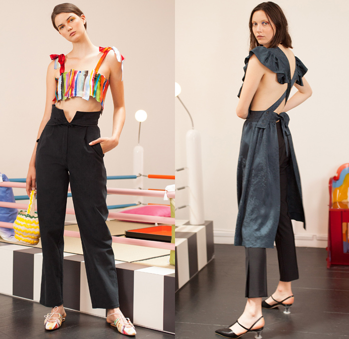 Rosie Assoulin 2019 Spring Summer Womens Lookbook Presentation - Watercolor Embroidery Bedazzled Cabochon Pinstripe Tie Up Waist Plaid Check Brocade Jacquard Silk Satin Lace Cutwork Flowers Floral Zebra Stripes Beads Mesh Tweed Patchwork Turtleneck Knit Sweater Blouse Cutout Waist Sleeveless Noodle Strap Pantsuit Halterneck Strapless Maxi Dress Midi Skirt Wide Leg Eveningwear Gown Shorts Shirtdress Mullet Hem Pot Vase Bag Fanny Pack Waist Pouch Bum Bag Ankle Boots Pumps Mules Opera Gloves