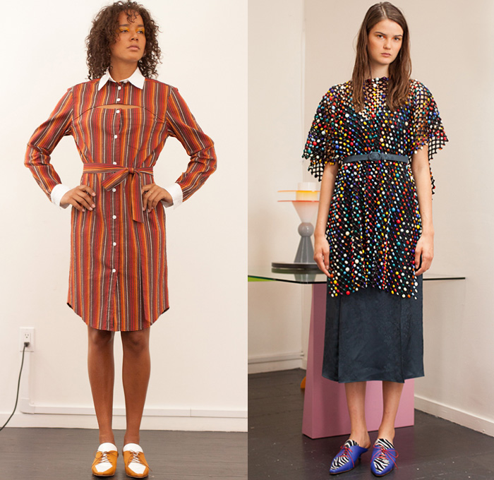 Rosie Assoulin 2019 Spring Summer Womens Lookbook Presentation - Watercolor Embroidery Bedazzled Cabochon Pinstripe Tie Up Waist Plaid Check Brocade Jacquard Silk Satin Lace Cutwork Flowers Floral Zebra Stripes Beads Mesh Tweed Patchwork Turtleneck Knit Sweater Blouse Cutout Waist Sleeveless Noodle Strap Pantsuit Halterneck Strapless Maxi Dress Midi Skirt Wide Leg Eveningwear Gown Shorts Shirtdress Mullet Hem Pot Vase Bag Fanny Pack Waist Pouch Bum Bag Ankle Boots Pumps Mules Opera Gloves