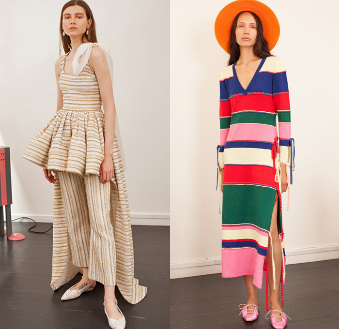 Rosie Assoulin 2019 Spring Summer Womens Lookbook Presentation - Watercolor Embroidery Bedazzled Cabochon Pinstripe Tie Up Waist Plaid Check Brocade Jacquard Silk Satin Lace Cutwork Flowers Floral Zebra Stripes Beads Mesh Tweed Patchwork Turtleneck Knit Sweater Blouse Cutout Waist Sleeveless Noodle Strap Pantsuit Halterneck Strapless Maxi Dress Midi Skirt Wide Leg Eveningwear Gown Shorts Shirtdress Mullet Hem Pot Vase Bag Fanny Pack Waist Pouch Bum Bag Ankle Boots Pumps Mules Opera Gloves