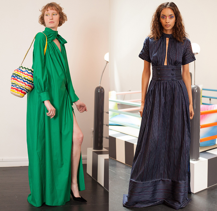 Rosie Assoulin 2019 Spring Summer Womens Lookbook Presentation - Watercolor Embroidery Bedazzled Cabochon Pinstripe Tie Up Waist Plaid Check Brocade Jacquard Silk Satin Lace Cutwork Flowers Floral Zebra Stripes Beads Mesh Tweed Patchwork Turtleneck Knit Sweater Blouse Cutout Waist Sleeveless Noodle Strap Pantsuit Halterneck Strapless Maxi Dress Midi Skirt Wide Leg Eveningwear Gown Shorts Shirtdress Mullet Hem Pot Vase Bag Fanny Pack Waist Pouch Bum Bag Ankle Boots Pumps Mules Opera Gloves