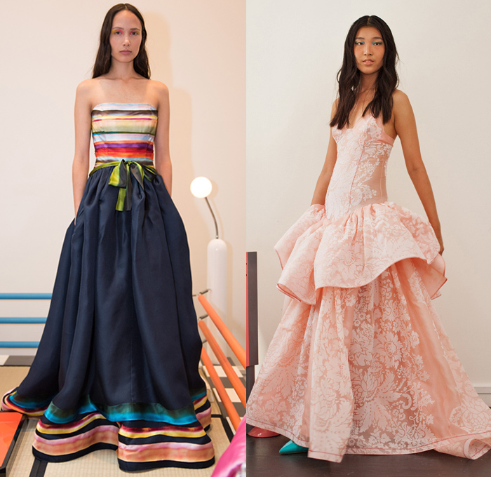 Rosie Assoulin 2019 Spring Summer Womens Lookbook Presentation - Watercolor Embroidery Bedazzled Cabochon Pinstripe Tie Up Waist Plaid Check Brocade Jacquard Silk Satin Lace Cutwork Flowers Floral Zebra Stripes Beads Mesh Tweed Patchwork Turtleneck Knit Sweater Blouse Cutout Waist Sleeveless Noodle Strap Pantsuit Halterneck Strapless Maxi Dress Midi Skirt Wide Leg Eveningwear Gown Shorts Shirtdress Mullet Hem Pot Vase Bag Fanny Pack Waist Pouch Bum Bag Ankle Boots Pumps Mules Opera Gloves