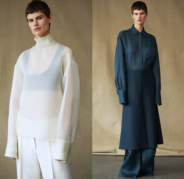 The Row 2019 Spring Summer Womens Lookbook Presentation New York Fashion Week NYFW - Oversized Outerwear Coat Maxi Dress Turtleneck Sheer Chiffon Organza Tulle Ruffles Tweed Frayed Raw Hem Draped Elongated Tabard One Shoulder Gown Eveningwear Shawl Wide Leg Palazzo Pants Fanny Pack Waist Pack Belt Bum Bag Mules