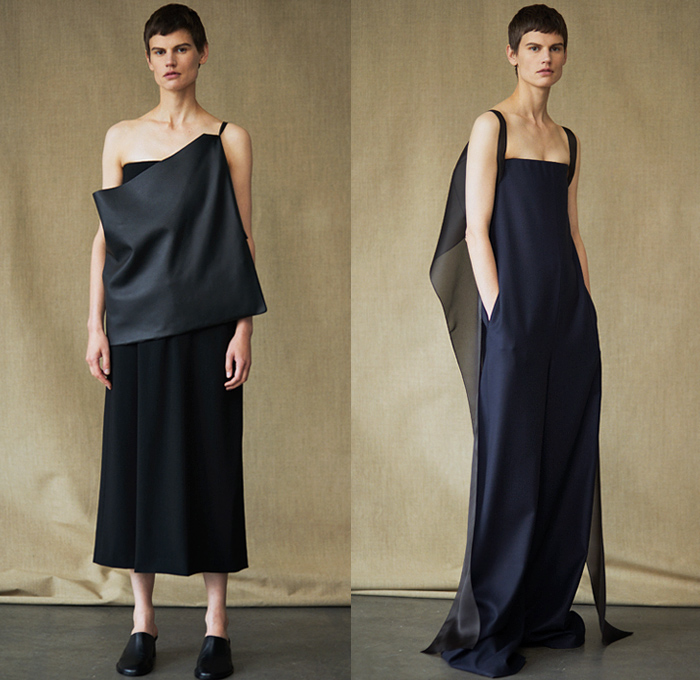 The Row 2019 Spring Summer Womens Lookbook Presentation New York Fashion Week NYFW - Oversized Outerwear Coat Maxi Dress Turtleneck Sheer Chiffon Organza Tulle Ruffles Tweed Frayed Raw Hem Draped Elongated Tabard One Shoulder Gown Eveningwear Shawl Wide Leg Palazzo Pants Fanny Pack Waist Pack Belt Bum Bag Mules