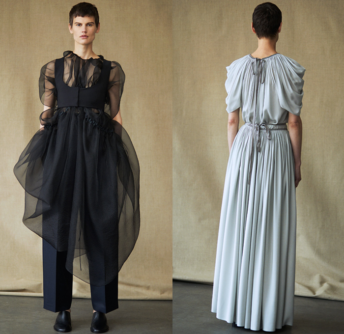 The Row 2019 Spring Summer Womens Lookbook Presentation New York Fashion Week NYFW - Oversized Outerwear Coat Maxi Dress Turtleneck Sheer Chiffon Organza Tulle Ruffles Tweed Frayed Raw Hem Draped Elongated Tabard One Shoulder Gown Eveningwear Shawl Wide Leg Palazzo Pants Fanny Pack Waist Pack Belt Bum Bag Mules