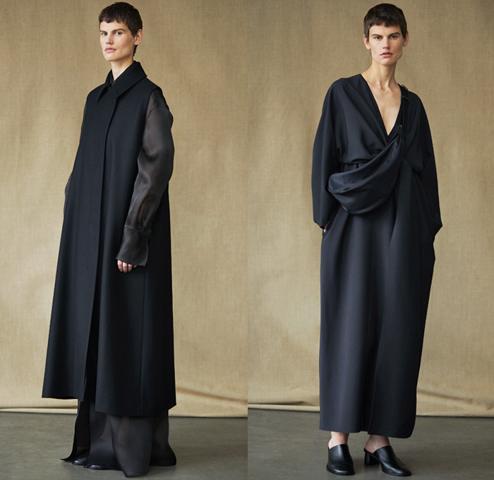 The Row 2019 Spring Summer Womens Lookbook Presentation New York Fashion Week NYFW - Oversized Outerwear Coat Maxi Dress Turtleneck Sheer Chiffon Organza Tulle Ruffles Tweed Frayed Raw Hem Draped Elongated Tabard One Shoulder Gown Eveningwear Shawl Wide Leg Palazzo Pants Fanny Pack Waist Pack Belt Bum Bag Mules