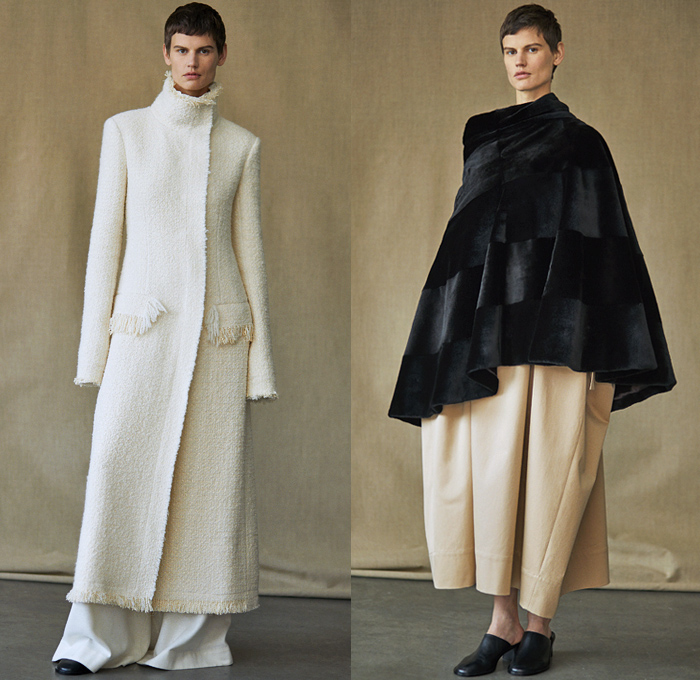 The Row 2019 Spring Summer Womens Lookbook Presentation New York Fashion Week NYFW - Oversized Outerwear Coat Maxi Dress Turtleneck Sheer Chiffon Organza Tulle Ruffles Tweed Frayed Raw Hem Draped Elongated Tabard One Shoulder Gown Eveningwear Shawl Wide Leg Palazzo Pants Fanny Pack Waist Pack Belt Bum Bag Mules