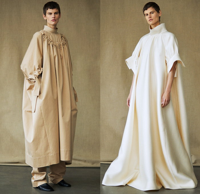 The Row 2019 Spring Summer Womens Lookbook Presentation New York Fashion Week NYFW - Oversized Outerwear Coat Maxi Dress Turtleneck Sheer Chiffon Organza Tulle Ruffles Tweed Frayed Raw Hem Draped Elongated Tabard One Shoulder Gown Eveningwear Shawl Wide Leg Palazzo Pants Fanny Pack Waist Pack Belt Bum Bag Mules