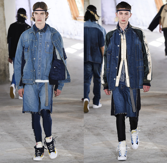 Sacai by Chitose Abe 2019 Spring Summer Mens Runway Catwalk Looks Collection Paris Fashion Week Homme France FHCM - Native American Tribal Geometric Dr. Woo Tattoos Nike Pendleton Deconstructed Hybrid Combo Panesl Nylon Asymmetrical Zipper Cutout Plaid Check Drawstrng Denim Jeans Frayed Patchwork Pockets Snap Buttons Tearaway Straps Coat Parka Anorak Suit Blazer Jacket Tweed Knit Sweater Cardigan Capelet Crop Top Sweatshirt Hanging Sleeve Leggings Shorts Wide Leg High Tops Sneakers Boots 