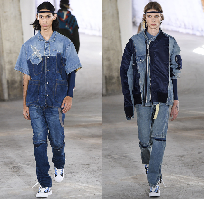 Sacai by Chitose Abe 2019 Spring Summer Mens Runway Catwalk Looks Collection Paris Fashion Week Homme France FHCM - Native American Tribal Geometric Dr. Woo Tattoos Nike Pendleton Deconstructed Hybrid Combo Panesl Nylon Asymmetrical Zipper Cutout Plaid Check Drawstrng Denim Jeans Frayed Patchwork Pockets Snap Buttons Tearaway Straps Coat Parka Anorak Suit Blazer Jacket Tweed Knit Sweater Cardigan Capelet Crop Top Sweatshirt Hanging Sleeve Leggings Shorts Wide Leg High Tops Sneakers Boots 