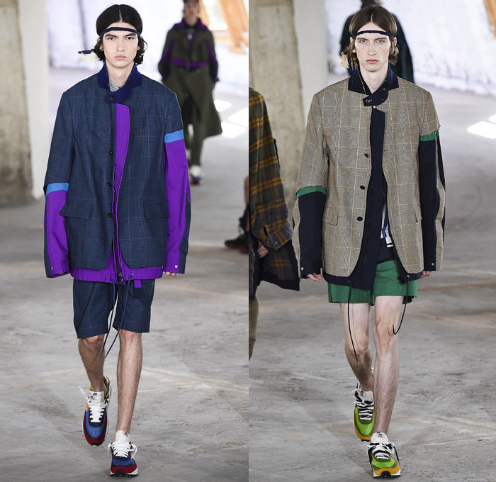Sacai by Chitose Abe 2019 Spring Summer Mens Runway Catwalk Looks Collection Paris Fashion Week Homme France FHCM - Native American Tribal Geometric Dr. Woo Tattoos Nike Pendleton Deconstructed Hybrid Combo Panesl Nylon Asymmetrical Zipper Cutout Plaid Check Drawstrng Denim Jeans Frayed Patchwork Pockets Snap Buttons Tearaway Straps Coat Parka Anorak Suit Blazer Jacket Tweed Knit Sweater Cardigan Capelet Crop Top Sweatshirt Hanging Sleeve Leggings Shorts Wide Leg High Tops Sneakers Boots 