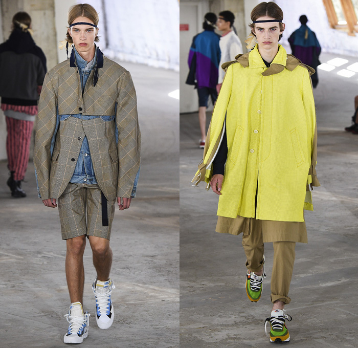 Sacai by Chitose Abe 2019 Spring Summer Mens Runway Catwalk Looks Collection Paris Fashion Week Homme France FHCM - Native American Tribal Geometric Dr. Woo Tattoos Nike Pendleton Deconstructed Hybrid Combo Panesl Nylon Asymmetrical Zipper Cutout Plaid Check Drawstrng Denim Jeans Frayed Patchwork Pockets Snap Buttons Tearaway Straps Coat Parka Anorak Suit Blazer Jacket Tweed Knit Sweater Cardigan Capelet Crop Top Sweatshirt Hanging Sleeve Leggings Shorts Wide Leg High Tops Sneakers Boots 