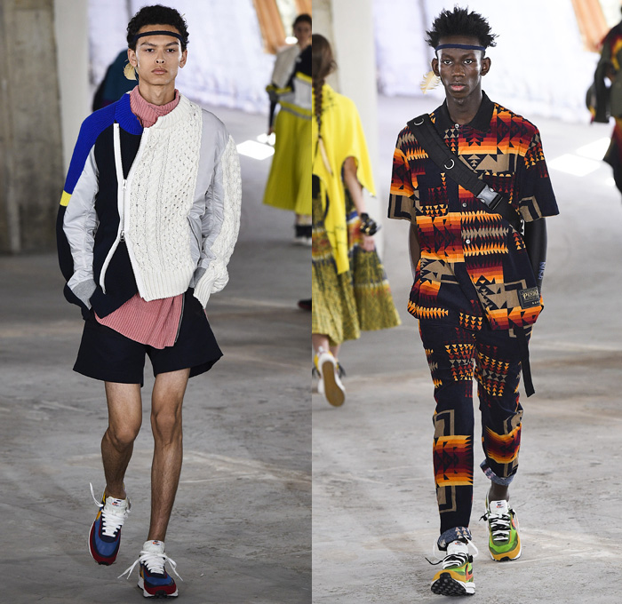 Sacai by Chitose Abe 2019 Spring Summer Mens Runway Catwalk Looks Collection Paris Fashion Week Homme France FHCM - Native American Tribal Geometric Dr. Woo Tattoos Nike Pendleton Deconstructed Hybrid Combo Panesl Nylon Asymmetrical Zipper Cutout Plaid Check Drawstrng Denim Jeans Frayed Patchwork Pockets Snap Buttons Tearaway Straps Coat Parka Anorak Suit Blazer Jacket Tweed Knit Sweater Cardigan Capelet Crop Top Sweatshirt Hanging Sleeve Leggings Shorts Wide Leg High Tops Sneakers Boots 