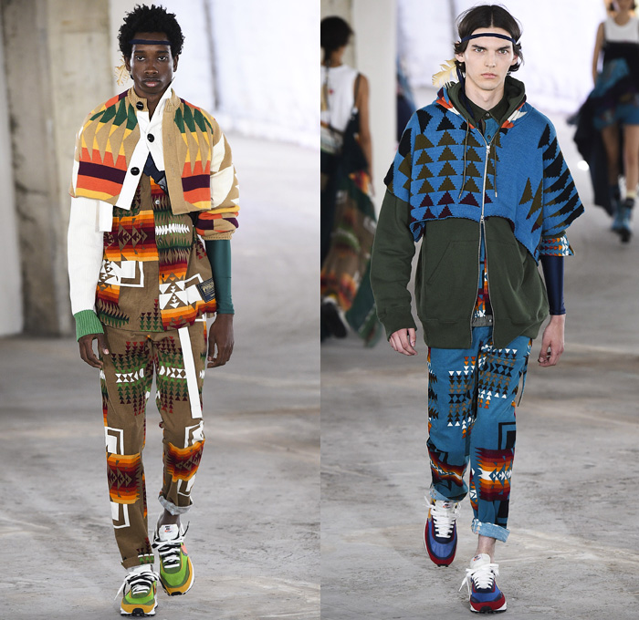 Sacai by Chitose Abe 2019 Spring Summer Mens Runway Catwalk Looks Collection Paris Fashion Week Homme France FHCM - Native American Tribal Geometric Dr. Woo Tattoos Nike Pendleton Deconstructed Hybrid Combo Panesl Nylon Asymmetrical Zipper Cutout Plaid Check Drawstrng Denim Jeans Frayed Patchwork Pockets Snap Buttons Tearaway Straps Coat Parka Anorak Suit Blazer Jacket Tweed Knit Sweater Cardigan Capelet Crop Top Sweatshirt Hanging Sleeve Leggings Shorts Wide Leg High Tops Sneakers Boots 