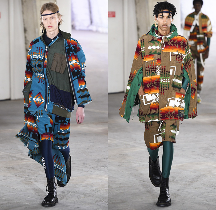 Sacai by Chitose Abe 2019 Spring Summer Mens Runway Catwalk Looks Collection Paris Fashion Week Homme France FHCM - Native American Tribal Geometric Dr. Woo Tattoos Nike Pendleton Deconstructed Hybrid Combo Panesl Nylon Asymmetrical Zipper Cutout Plaid Check Drawstrng Denim Jeans Frayed Patchwork Pockets Snap Buttons Tearaway Straps Coat Parka Anorak Suit Blazer Jacket Tweed Knit Sweater Cardigan Capelet Crop Top Sweatshirt Hanging Sleeve Leggings Shorts Wide Leg High Tops Sneakers Boots 
