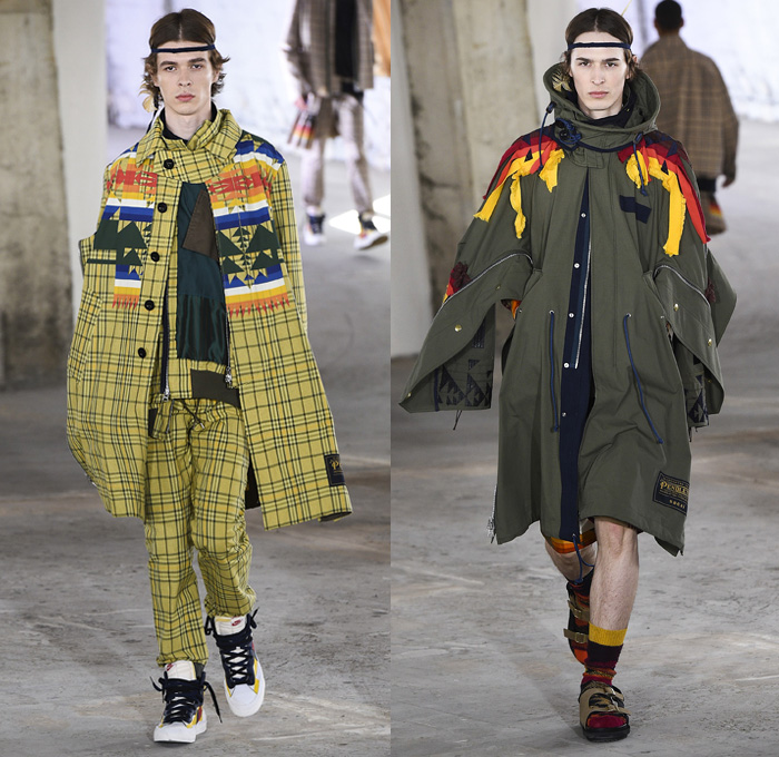 Sacai by Chitose Abe 2019 Spring Summer Mens Runway Catwalk Looks Collection Paris Fashion Week Homme France FHCM - Native American Tribal Geometric Dr. Woo Tattoos Nike Pendleton Deconstructed Hybrid Combo Panesl Nylon Asymmetrical Zipper Cutout Plaid Check Drawstrng Denim Jeans Frayed Patchwork Pockets Snap Buttons Tearaway Straps Coat Parka Anorak Suit Blazer Jacket Tweed Knit Sweater Cardigan Capelet Crop Top Sweatshirt Hanging Sleeve Leggings Shorts Wide Leg High Tops Sneakers Boots 