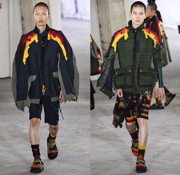 Sacai by Chitose Abe 2019 Spring Summer Mens Runway Catwalk Looks Collection Paris Fashion Week Homme France FHCM - Native American Tribal Geometric Dr. Woo Tattoos Nike Pendleton Deconstructed Hybrid Combo Panesl Nylon Asymmetrical Zipper Cutout Plaid Check Drawstrng Denim Jeans Frayed Patchwork Pockets Snap Buttons Tearaway Straps Coat Parka Anorak Suit Blazer Jacket Tweed Knit Sweater Cardigan Capelet Crop Top Sweatshirt Hanging Sleeve Leggings Shorts Wide Leg High Tops Sneakers Boots 