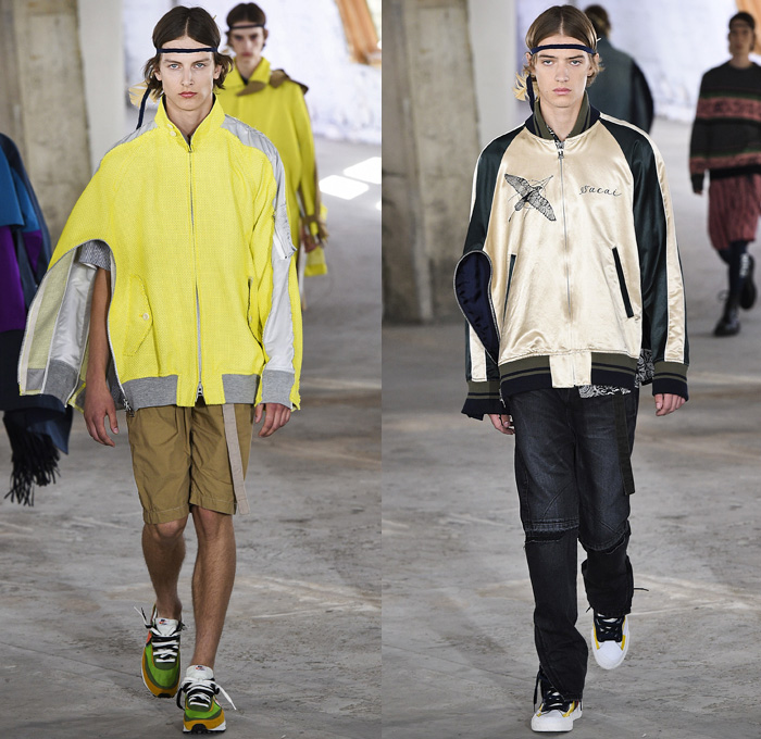 Sacai by Chitose Abe 2019 Spring Summer Mens Runway Catwalk Looks Collection Paris Fashion Week Homme France FHCM - Native American Tribal Geometric Dr. Woo Tattoos Nike Pendleton Deconstructed Hybrid Combo Panesl Nylon Asymmetrical Zipper Cutout Plaid Check Drawstrng Denim Jeans Frayed Patchwork Pockets Snap Buttons Tearaway Straps Coat Parka Anorak Suit Blazer Jacket Tweed Knit Sweater Cardigan Capelet Crop Top Sweatshirt Hanging Sleeve Leggings Shorts Wide Leg High Tops Sneakers Boots 