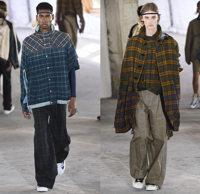 Sacai by Chitose Abe 2019 Spring Summer Mens Runway Catwalk Looks Collection Paris Fashion Week Homme France FHCM - Native American Tribal Geometric Dr. Woo Tattoos Nike Pendleton Deconstructed Hybrid Combo Panesl Nylon Asymmetrical Zipper Cutout Plaid Check Drawstrng Denim Jeans Frayed Patchwork Pockets Snap Buttons Tearaway Straps Coat Parka Anorak Suit Blazer Jacket Tweed Knit Sweater Cardigan Capelet Crop Top Sweatshirt Hanging Sleeve Leggings Shorts Wide Leg High Tops Sneakers Boots 