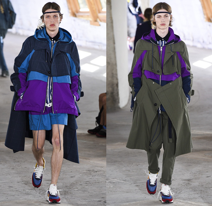 Sacai by Chitose Abe 2019 Spring Summer Mens Runway Catwalk Looks Collection Paris Fashion Week Homme France FHCM - Native American Tribal Geometric Dr. Woo Tattoos Nike Pendleton Deconstructed Hybrid Combo Panesl Nylon Asymmetrical Zipper Cutout Plaid Check Drawstrng Denim Jeans Frayed Patchwork Pockets Snap Buttons Tearaway Straps Coat Parka Anorak Suit Blazer Jacket Tweed Knit Sweater Cardigan Capelet Crop Top Sweatshirt Hanging Sleeve Leggings Shorts Wide Leg High Tops Sneakers Boots 