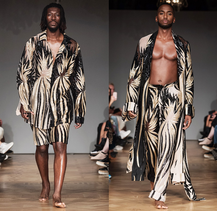 Selam Fessahaye 2019 Spring Summer Mens Runway Catwalk Looks - Fashion Week Stockholm Sweden - Trompe L'oeil 3D Flowers Floral Fauna Leaves Foliage Motif Sheer Chiffon Organza Tulle Metallic Embroidery Bedazzled Sequins Spangles Paillettes Oversized Outerwear Trench Coat Robe Long Sleeve Shirt Sleepwear Loungewear Cargo Pockets Onesie Jumpsuit Coveralls Bib Brace Dungarees Pants Shorts