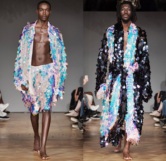 Selam Fessahaye 2019 Spring Summer Mens Runway Catwalk Looks - Fashion Week Stockholm Sweden - Trompe L'oeil 3D Flowers Floral Fauna Leaves Foliage Motif Sheer Chiffon Organza Tulle Metallic Embroidery Bedazzled Sequins Spangles Paillettes Oversized Outerwear Trench Coat Robe Long Sleeve Shirt Sleepwear Loungewear Cargo Pockets Onesie Jumpsuit Coveralls Bib Brace Dungarees Pants Shorts