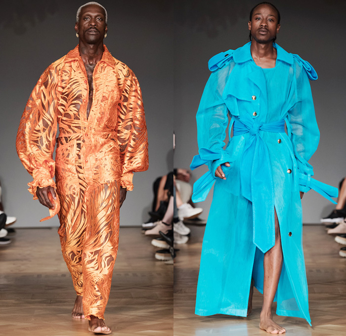 Selam Fessahaye 2019 Spring Summer Mens Runway Catwalk Looks - Fashion Week Stockholm Sweden - Trompe L'oeil 3D Flowers Floral Fauna Leaves Foliage Motif Sheer Chiffon Organza Tulle Metallic Embroidery Bedazzled Sequins Spangles Paillettes Oversized Outerwear Trench Coat Robe Long Sleeve Shirt Sleepwear Loungewear Cargo Pockets Onesie Jumpsuit Coveralls Bib Brace Dungarees Pants Shorts