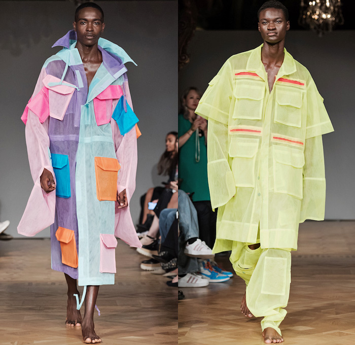 Selam Fessahaye 2019 Spring Summer Mens Runway Catwalk Looks - Fashion Week Stockholm Sweden - Trompe L'oeil 3D Flowers Floral Fauna Leaves Foliage Motif Sheer Chiffon Organza Tulle Metallic Embroidery Bedazzled Sequins Spangles Paillettes Oversized Outerwear Trench Coat Robe Long Sleeve Shirt Sleepwear Loungewear Cargo Pockets Onesie Jumpsuit Coveralls Bib Brace Dungarees Pants Shorts